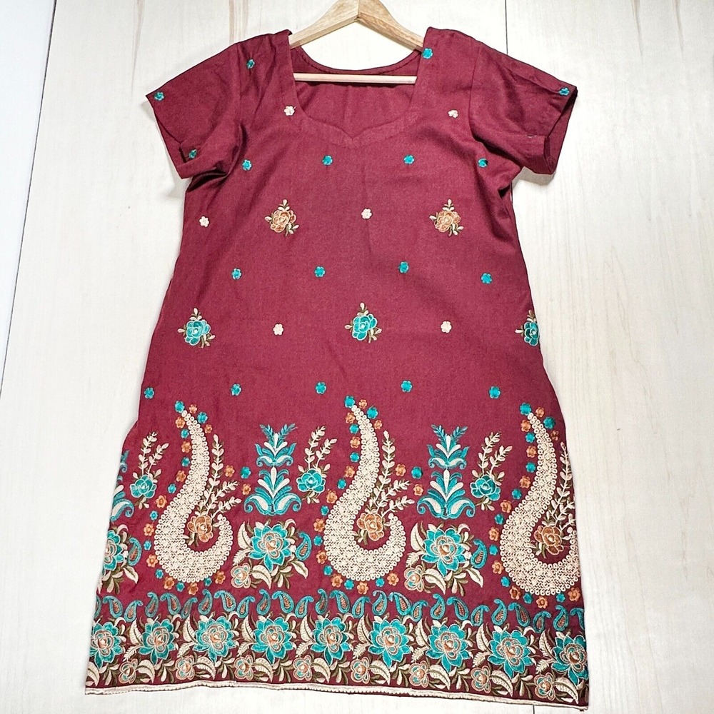MAROON Embroidered Dress Handmade Tunic Kurta Size L‎ Women's